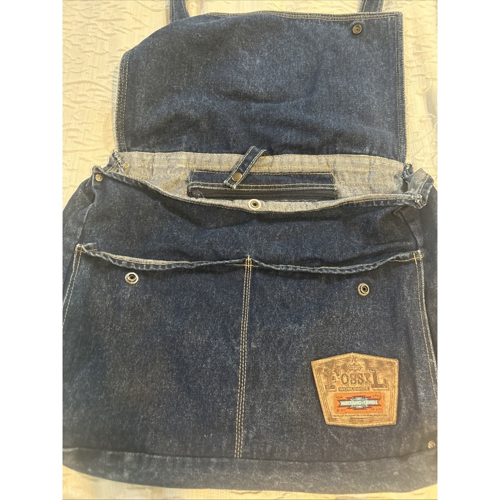 Vintage Y2K Fossil Denim Shoulder Bag Purse Messenger Tote Patch Dark Wash - Picture 4 of 11